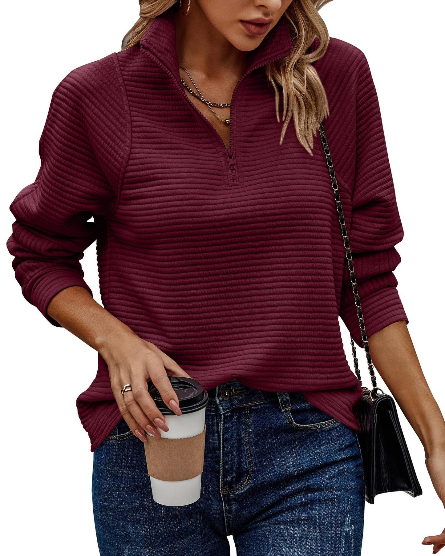 Zipper Stand Collar Pullover Sweatshirt Fashion Solid Striped Long Sleeve Top Spring And Autumn Women's Clothing